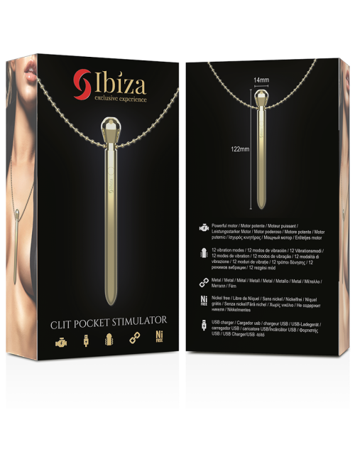 IBIZA - STIMULATEUR DE POCHE CLITO COLLIER CHARGEUR USB 12 MODES DE VIBRATION DORÉ 12,2 X 1,5