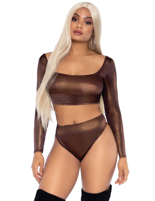 Top Métallisé Bronze & Culotte Taille Haute – Brillez de Désir