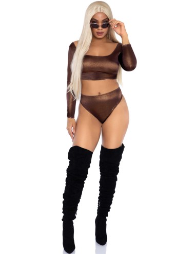Top Métallisé Bronze & Culotte Taille Haute – Brillez de Désir