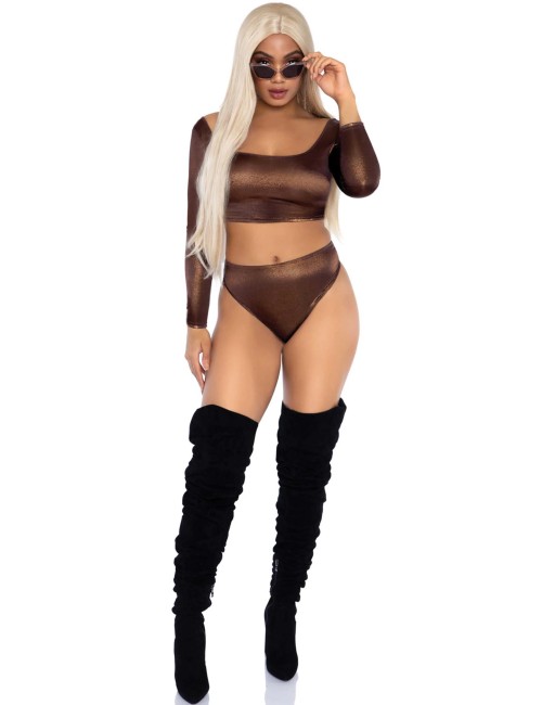 Top Métallisé Bronze & Culotte Taille Haute – Brillez de Désir