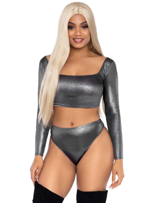 Top Métallisé Argent & Culotte Taille Haute – Éclat Irrésistible