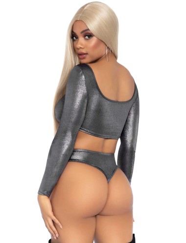 Top Métallisé Argent & Culotte Taille Haute – Éclat Irrésistible