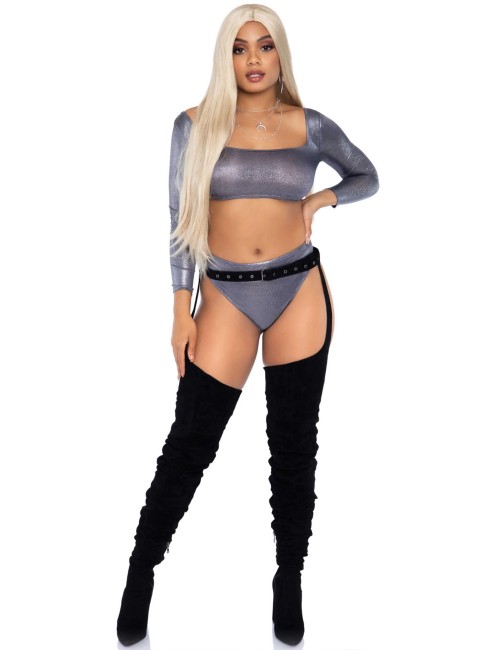 Top Métallisé Argent & Culotte Taille Haute – Éclat Irrésistible