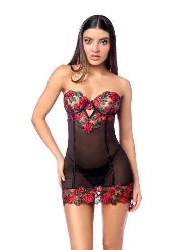 Babydoll sexy à armatures Mapalé broderie roses et string