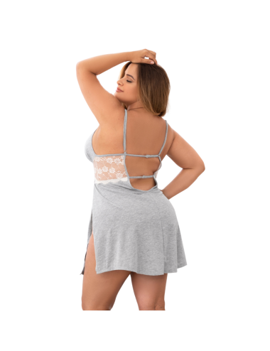 Nuisette en coton grise grande taille fendue sur les côtés et finition dentelle blanche