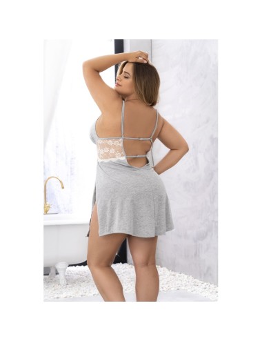 Nuisette en coton grise grande taille fendue sur les côtés et finition dentelle blanche