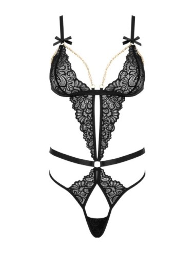 Body sexy noir en dentelle avec chaînes dorées amovibles