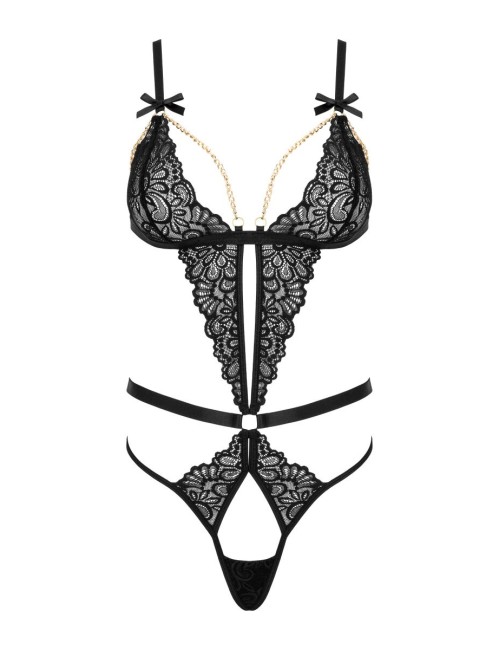Body sexy noir en dentelle avec chaînes dorées amovibles