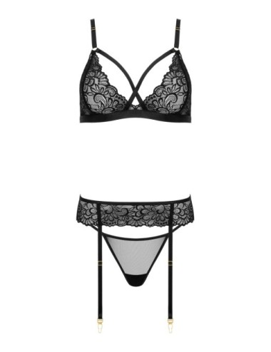 Ensemble lingerie sexy noir 3 pièces avec jarretière femme- Diponible chez Roselyse Lingerie