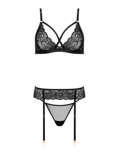 Ensemble lingerie sexy noir 3 pièces avec jarretière et string