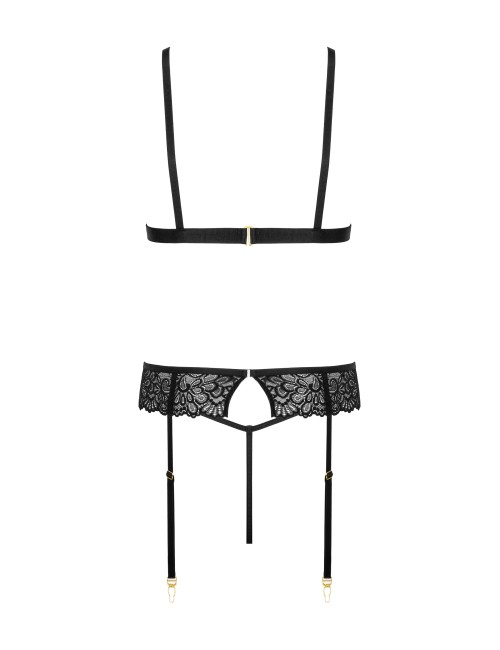 Ensemble lingerie sexy noir 3 pièces avec jarretière et string