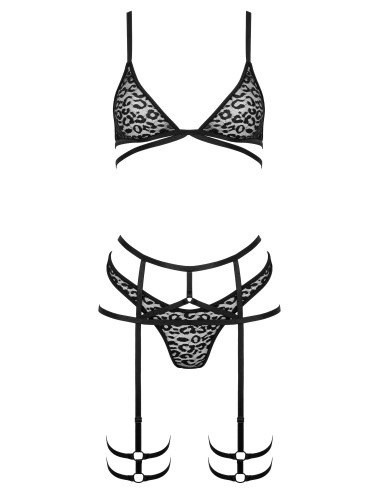 Ensemble lingerie noir 3 pièces avec jarretière motif léopard