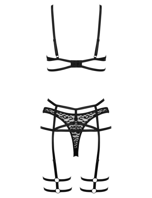 Ensemble lingerie noir 3 pièces avec jarretière motif léopard