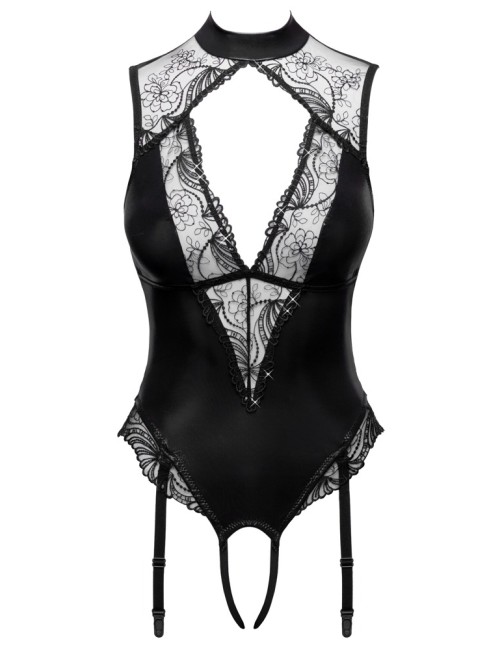 Body String Ouvert Wetlook & Tulle Pailleté avec Jarretelles Amovibles – Cottelli Lingerie