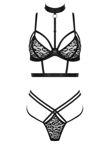 Ensemble lingerie noir 3 pièces avec string et jarretière léopard
