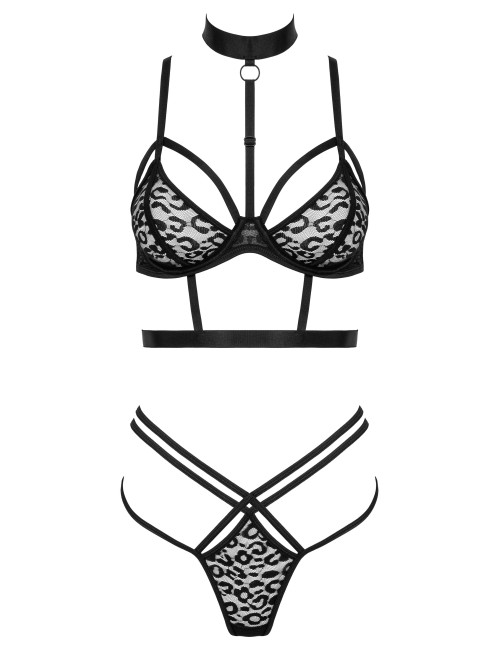 Ensemble lingerie noir 3 pièces avec string et jarretière léopard