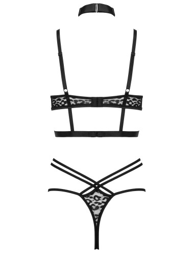 Ensemble lingerie noir 3 pièces avec string et jarretière léopard