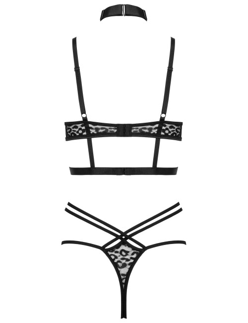 Ensemble lingerie noir 3 pièces avec string et jarretière léopard