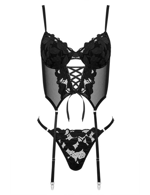 Corset noir avec string et porte-jarretelles en dentelle