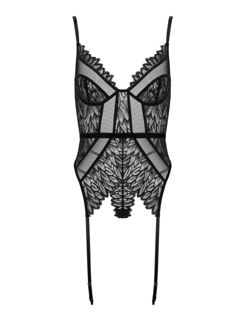 Corset noir en dentelle avec string et jarretelles réglables