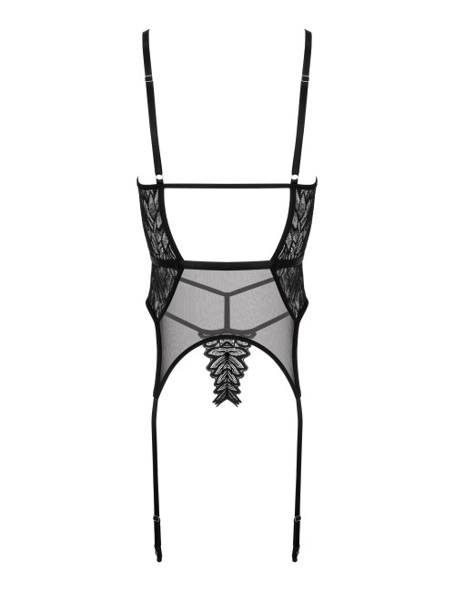 Corset noir en dentelle avec string et jarretelles réglables