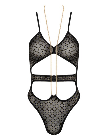 Body noir et or en tulle brodé avec chaîne dorée amovible
