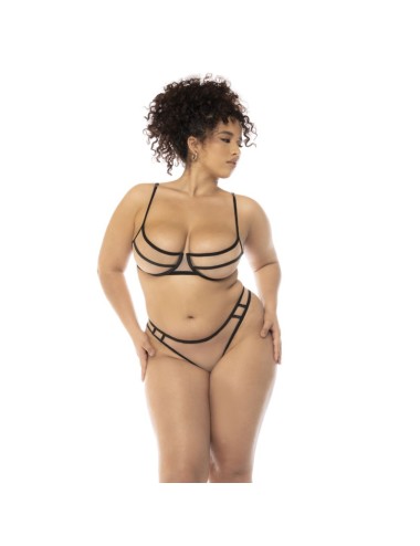 Ensemble 3 pièces noir et chair grande taille, soutien gorge avec armatures, serre taille et string