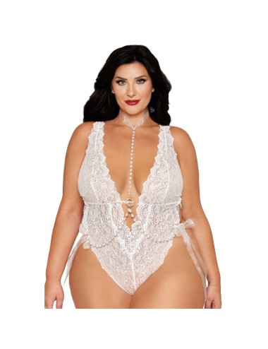 Ensemble 2 pièces grande taille, body dentelle blanc et chainettes bijou de corps perles blanches