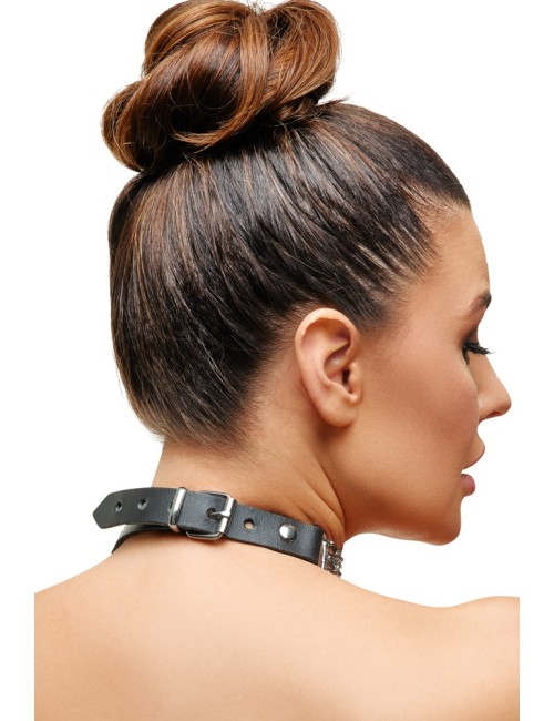 Collier en Cuir Noir avec Chaînes Métalliques Zado