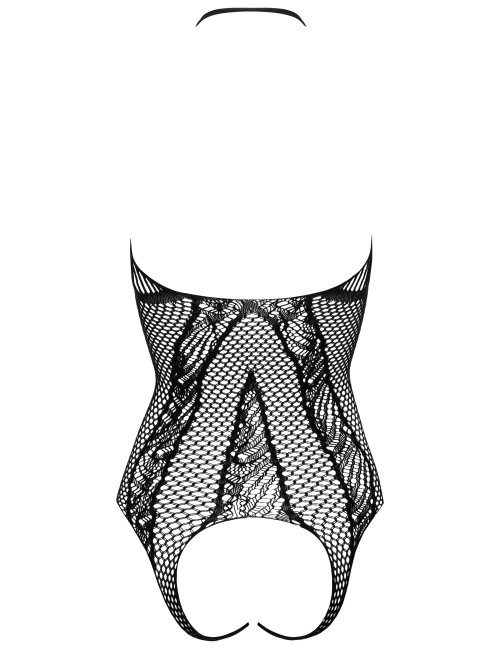 Body noir en résille avec entrejambe ouvert et motif raffiné