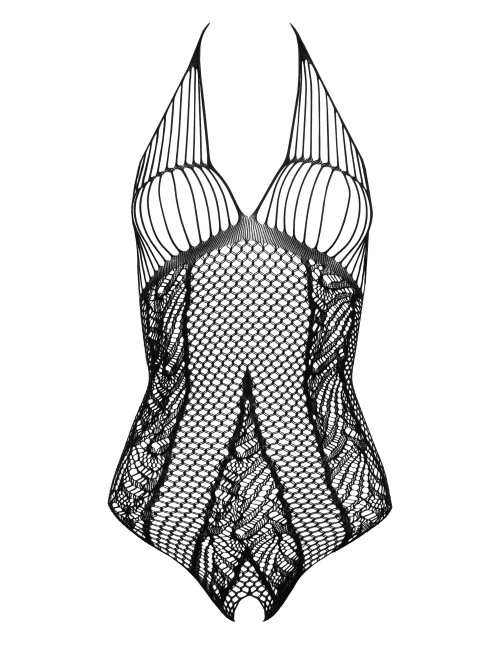 Body noir en résille avec entrejambe ouvert et motif raffiné