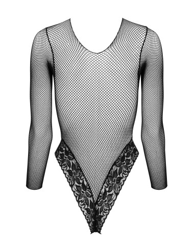 Body noir résille dentelle florale manches longues femme- Roselyse lingerie