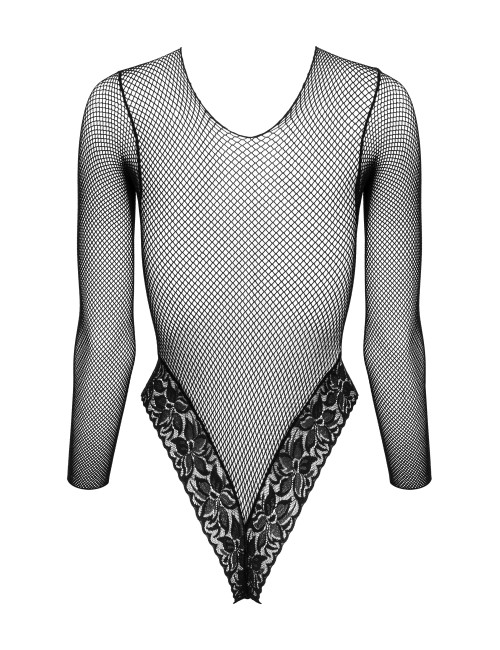 Body noir en résille avec dentelle florale et manches longues