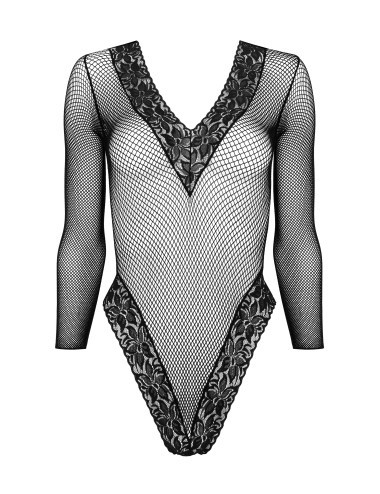 Body noir en résille avec dentelle florale et manches longues