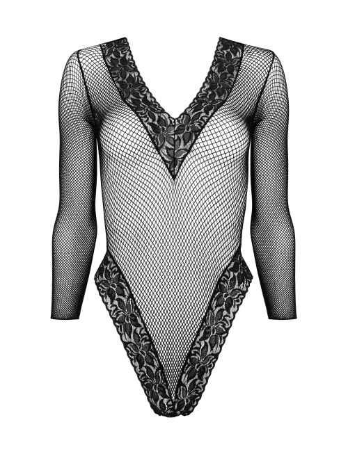 Body noir en résille avec dentelle florale et manches longues