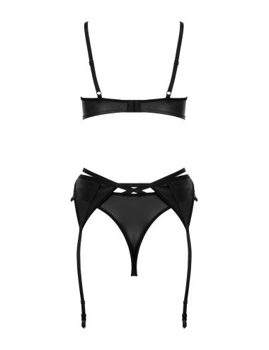 Ensemble lingerie 3 pièces wetlook noir avec porte-jarretelles