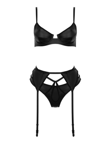 Ensemble lingerie 3 pièces wetlook noir avec porte-jarretelles