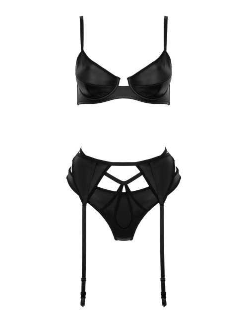 Ensemble lingerie 3 pièces wetlook noir avec porte-jarretelles