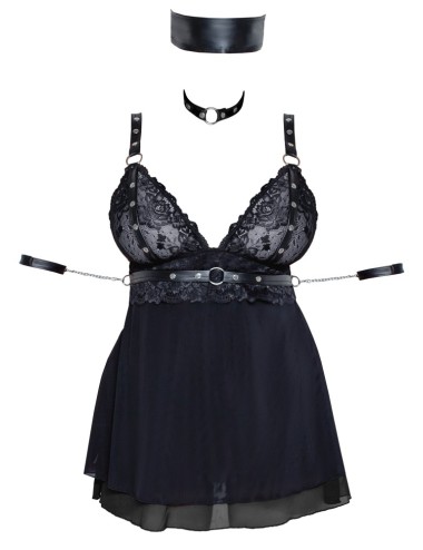 Babydoll Bondage Noir avec Collier & Menottes – Lingerie Sexy