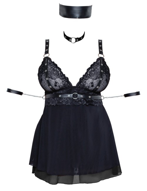 Babydoll Bondage Noir avec Collier & Menottes – Lingerie Sexy