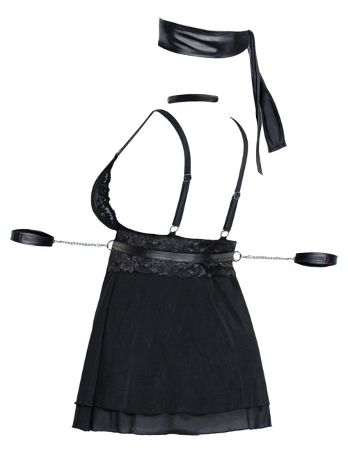 Babydoll Bondage Noir avec Collier & Menottes – Lingerie Sexy