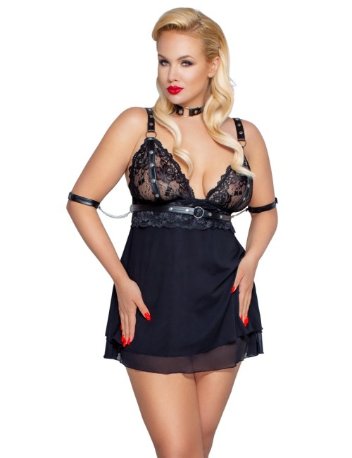 Babydoll Bondage Noir avec Collier & Menottes – Lingerie Sexy