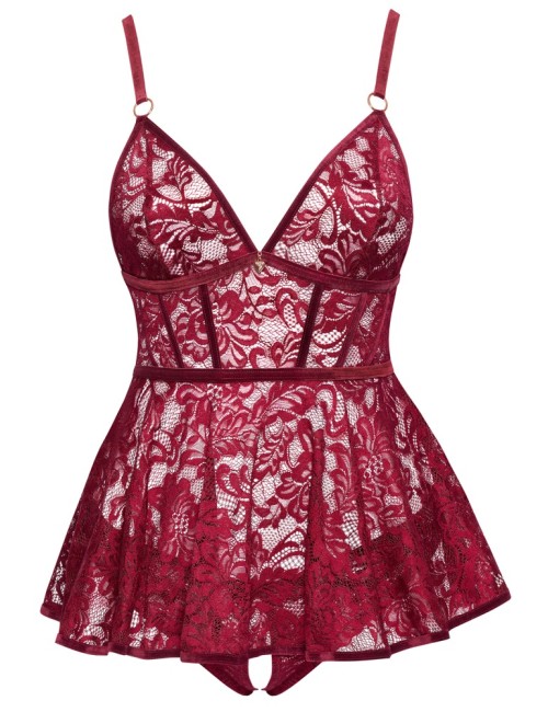 Nuisette Dentelle Rouge Grande Taille avec Culotte Ouverte - Cottelli CURVES