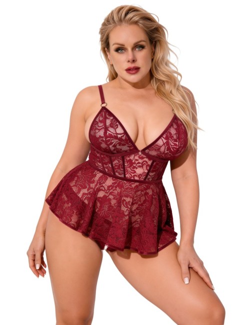 Nuisette Dentelle Rouge Grande Taille avec Culotte Ouverte - Cottelli CURVES