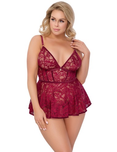 Nuisette Dentelle Rouge Grande Taille avec Culotte Ouverte - Cottelli CURVES