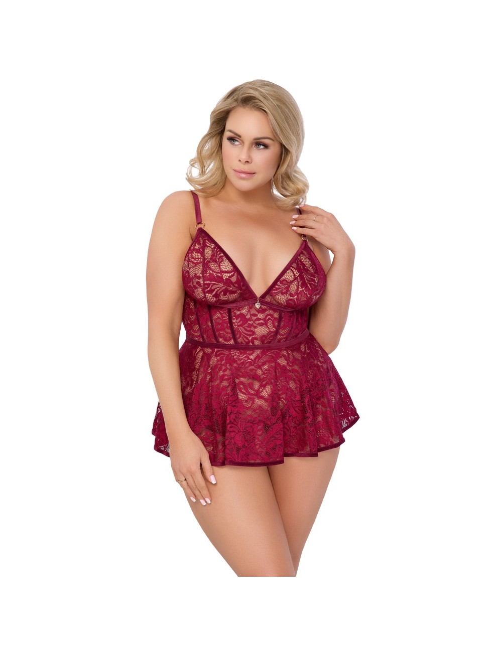 Nuisette Dentelle Rouge Grande Taille avec Culotte Ouverte - Cottelli CURVES