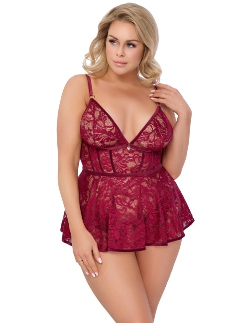 Nuisette Dentelle Rouge Grande Taille avec Culotte Ouverte - Cottelli CURVES