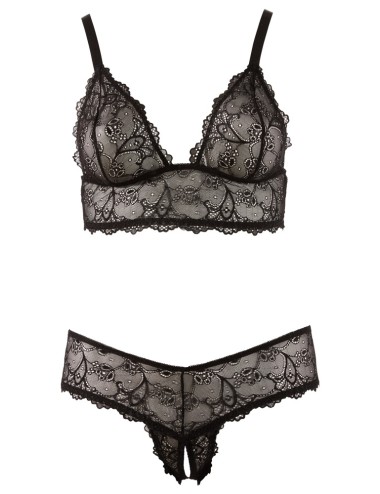 Soutien-gorge sans armatures et string ouvert en dentelle noire Cottelli CURVES