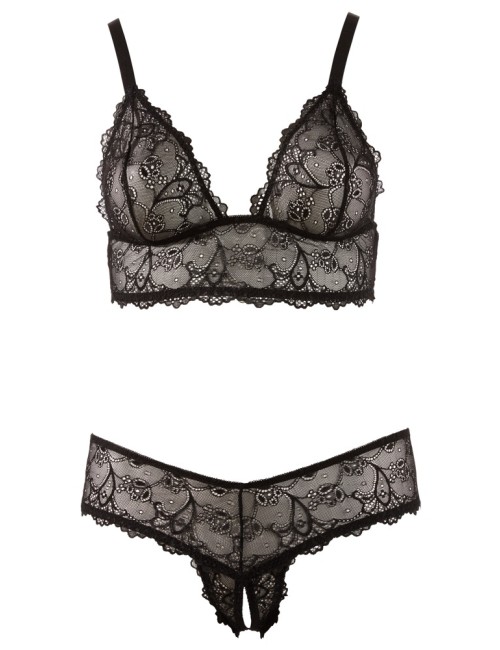 Soutien-gorge sans armatures et string ouvert en dentelle noire Cottelli CURVES