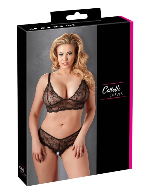 Soutien-gorge sans armatures et string ouvert en dentelle noire Cottelli CURVES